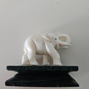 Vintage Small Carved Genuine Ivory Figure on Black Wood Stand, Made in Hong Kong